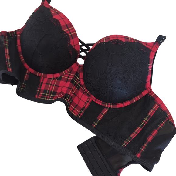 Torrid Bra Womens 44C Plunge Push Up Longline Noelle Plaid Jester Red NWT - Picture 4 of 13